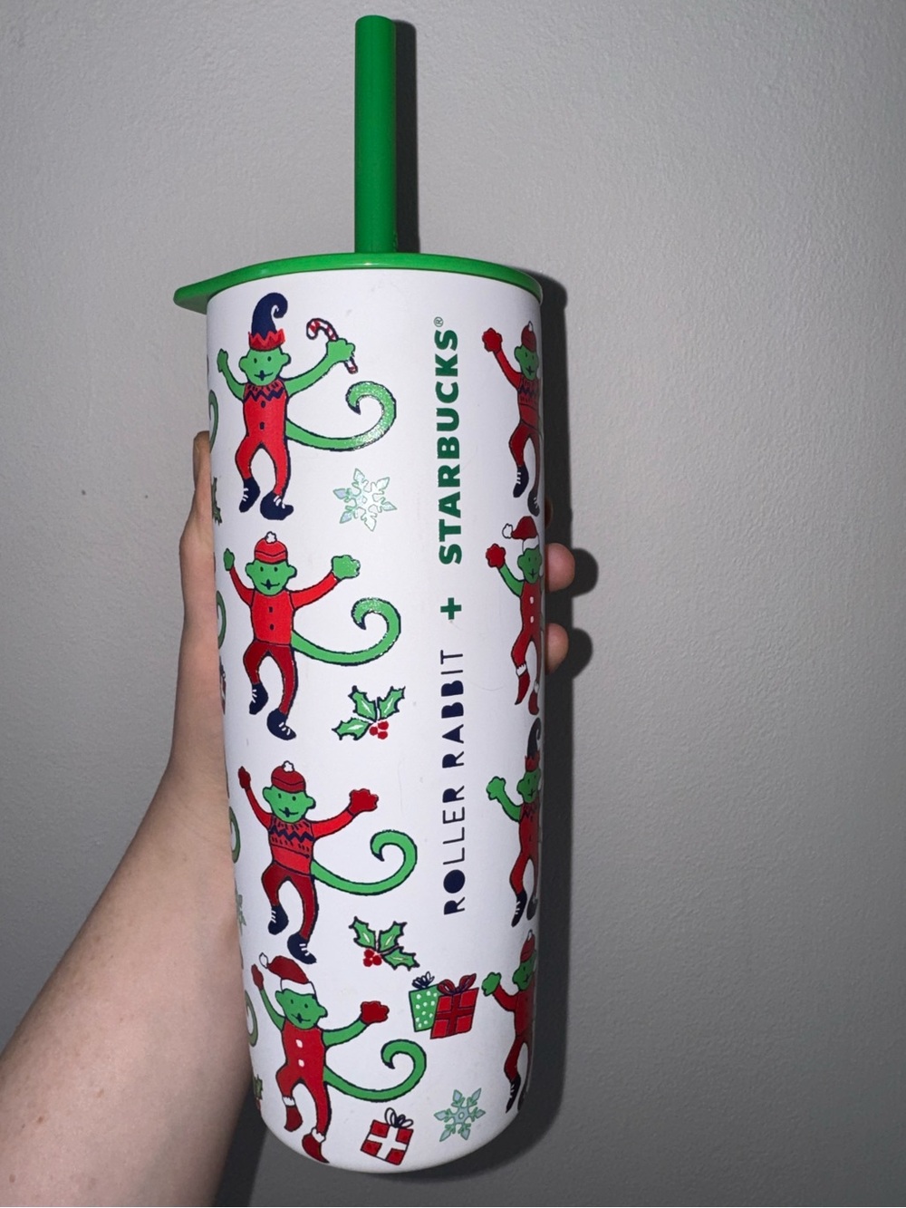 Starbucks × Roller Rabbit 24 oz Stainless Steel Cold Cup Holiday Monkey Mas